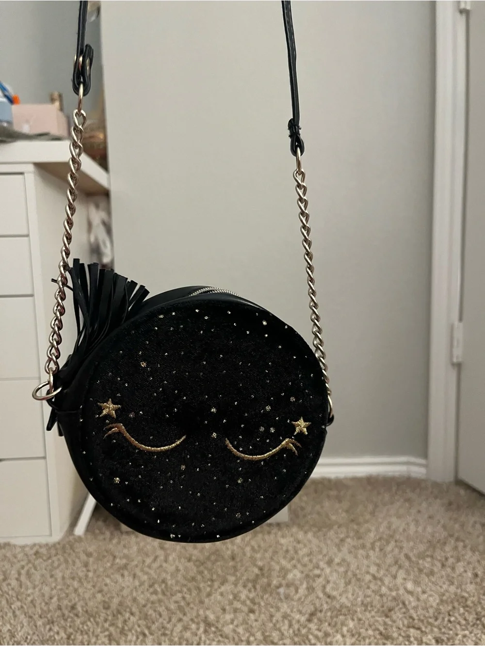 Black Starry Round Crossbody Bag with Gold Accents